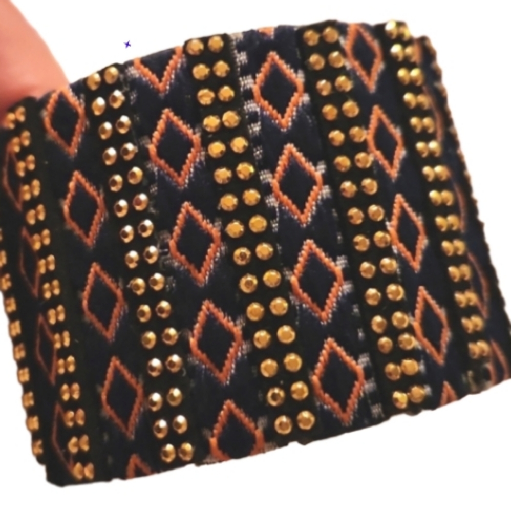 Vibrant fabric denim beaded Cuff new vintage